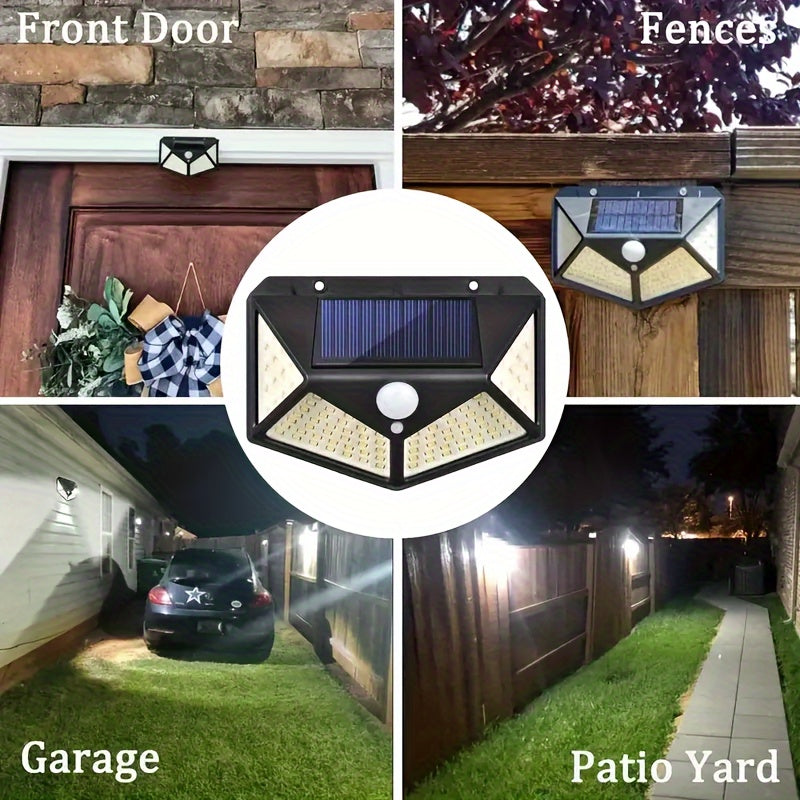 Solar lights outdoor in 1/2/4/6pcs, featuring 100LED with 3 modes and 270° lighting angle. Motion sensor security lights powered by solar energy, ideal for backyard, garden, fence, patio