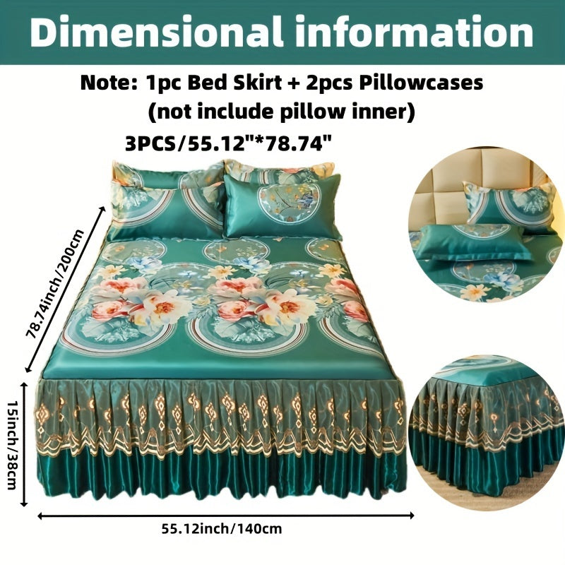 Jacquard Bed Skirt Set with Pillowcases, featuring a charming Lace Hem and Floral Pattern. Made of Soft and Comfortable 100% Polyester, this set is machine washable for easy care. Available in Contemporary Style with a Woven Fabric design, weighing 120g.