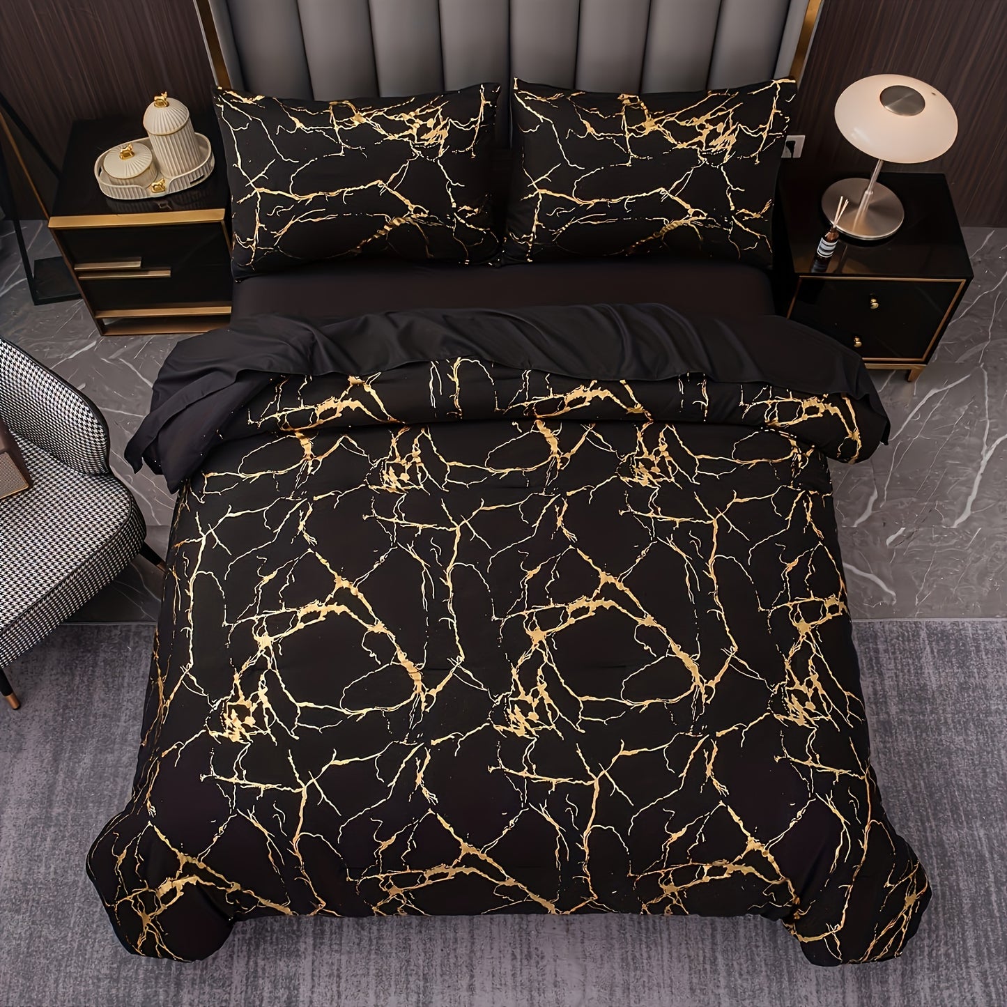 2/3 piece luxury comforter set with bronzing marble print. Soft, comfortable, and skin-friendly for bedroom or guest room. Includes 1 comforter and 1 or 2 pillowcases without core.