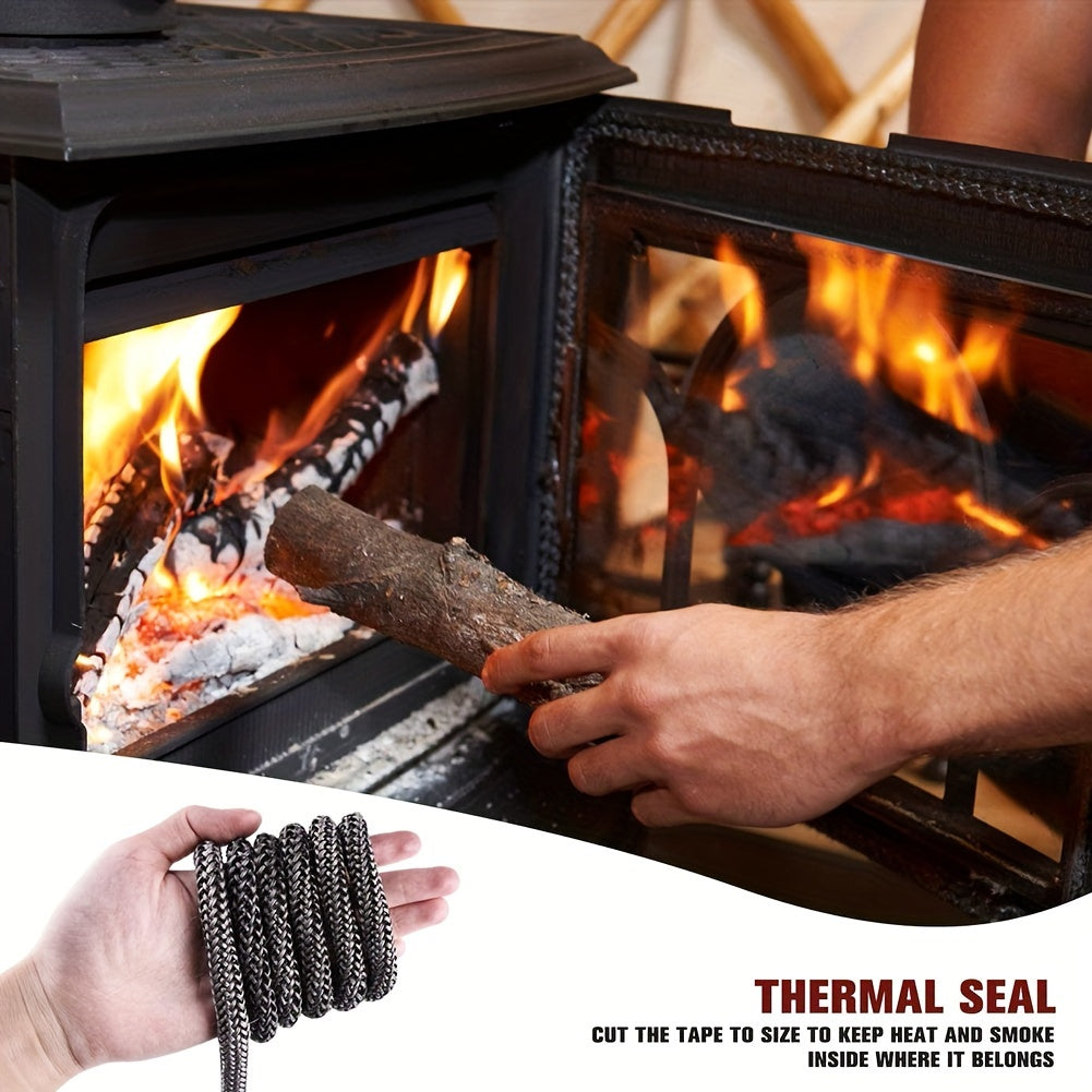 Fireplace wood stove door seal made of high-temperature resistant borosilicate glass fiber rope gasket. This black fireproof sealing tape is 18mm/20mm in width and 2m in length, perfect for thermal seal and smoke containment.