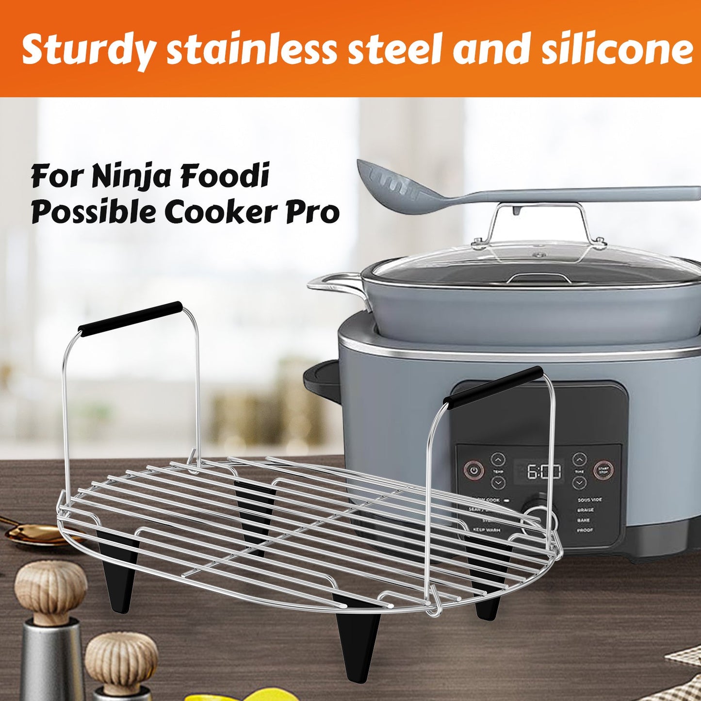 Jetcloud's Stainless Steel Steam and Roast Rack is designed for use with 8.5Qt Slow Cookers. It features a foldable handle, making it easy to store, and is reusable for steaming pot rack. This rack is safe for food contact and is compatible with MC1000