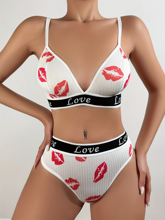 Women's cute cartoon lingerie set made from 90% polyester and 10% elastane. Includes letter and lip print bikini and triangle panties. Skin-friendly and comfortable knit fabric.