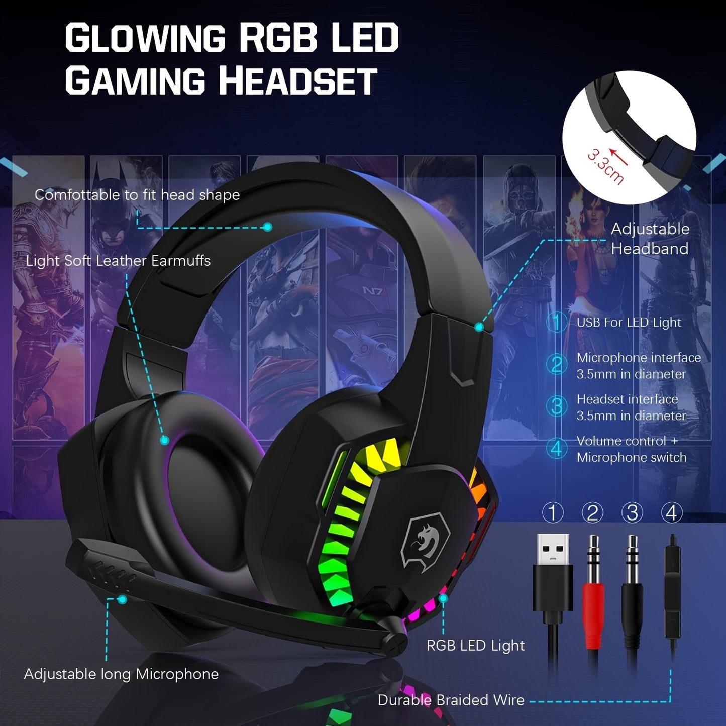 4-in-1 Gaming Bundle with Rainbow LED Backlit Keyboard, Mouse, Mousepad, and Headset - Includes 104 Keys, Multimedia Controls, 2400 DPI Mouse, Over-Ear Headphones with Mic, Non-Slip Mouse