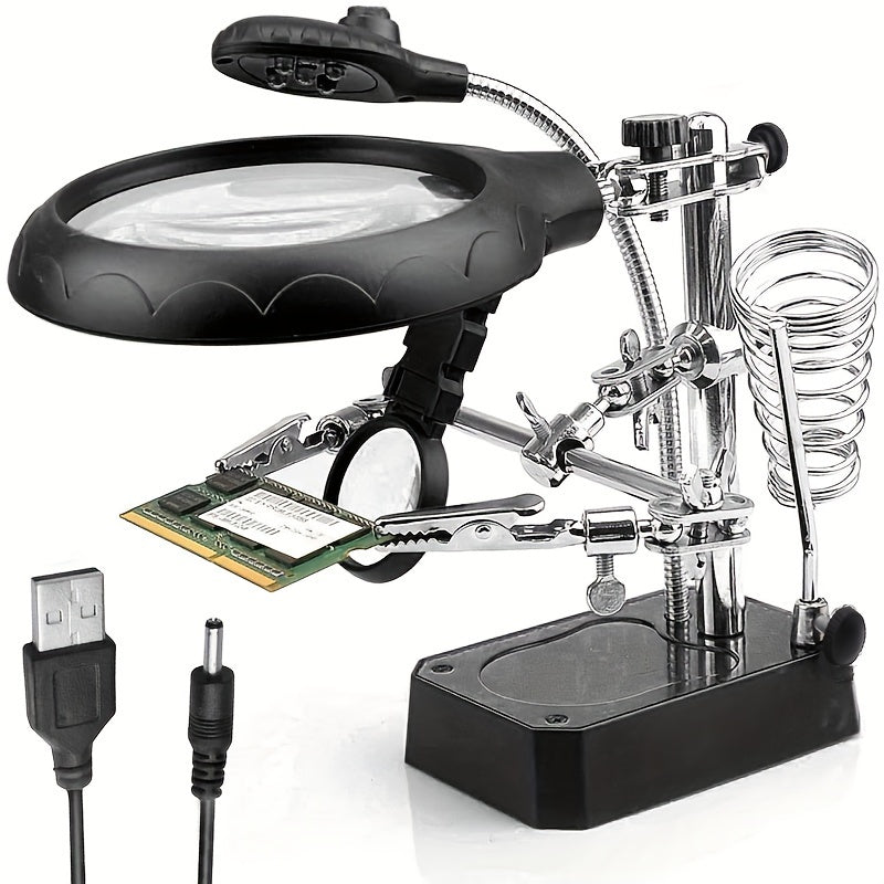 1pc 3-in-1 soldering station with magnifying LED light and auxiliary clip.