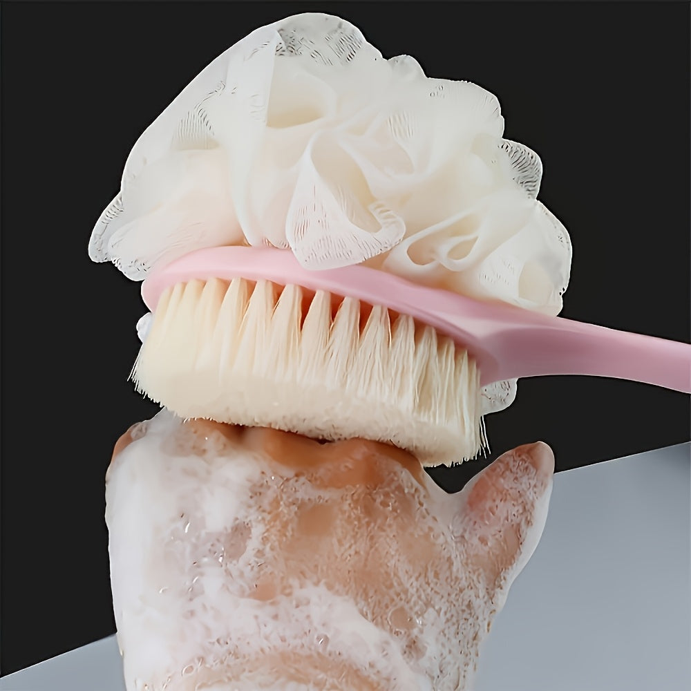 Two-in-one shower brush with soft loofah for back scrubbing, no batteries or oil needed.