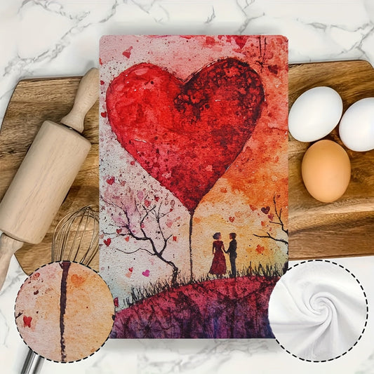 Set of 2 Romantic Sunset Heart Balloon Kitchen Towels - Made from Ultra Soft and Highly Absorbent Polyester, Size 40.64x60.96 cm, Easy to Clean in the Washing Machine, Perfect for Valentine's Day Decor and Daily Use as Dish Hand Towels