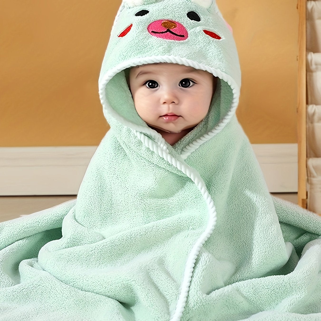 Multi-functional and highly absorbent hooded bathrobe with animal pattern for babies, ideal for swimming, beach, or bathing.