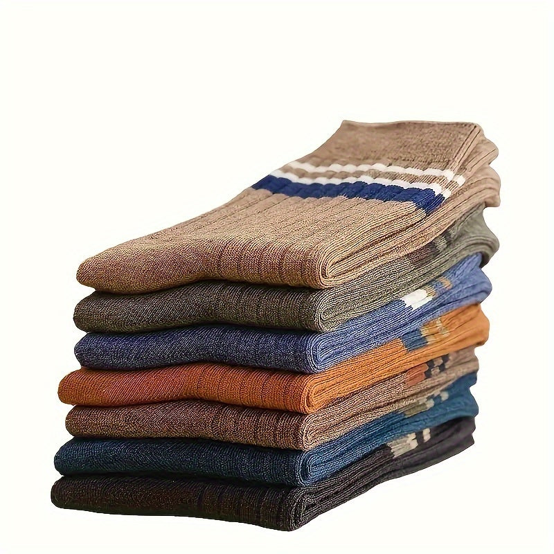 7 pairs of men's casual striped crew socks, anti-odor and sweat-absorbing for breathable comfort.