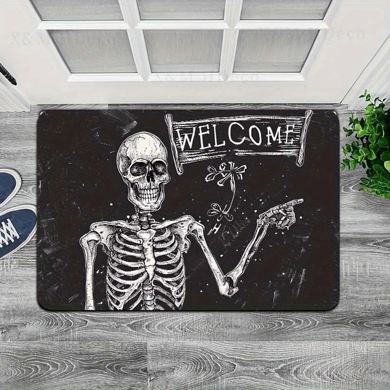 Skeleton Welcome Doormat - Machine Washable Polyester Flannel Indoor Mat with PVC Backing, Rectangle Textile Mat for Laundry, Bathroom, Kitchen, Living Room, Bedroom Entrance Decoration - Area Mat that is Washable