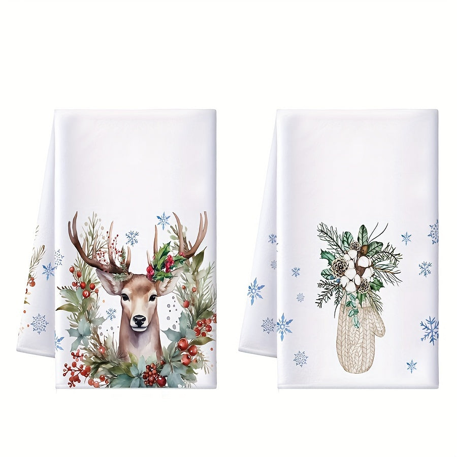 2-piece Christmas kitchen towel set with absorbent design featuring Christmas tree, snowflake, snowman, and winter watercolor reindeer. Perfect for housewarming bathroom supplies.