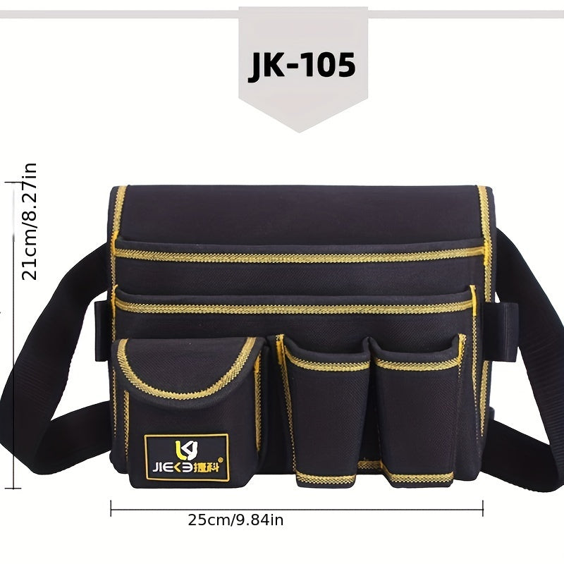 Multifunctional tool waist bag made of waterproof Oxford cloth, with a buckle closure and convenient hook and loop tape for easy access.