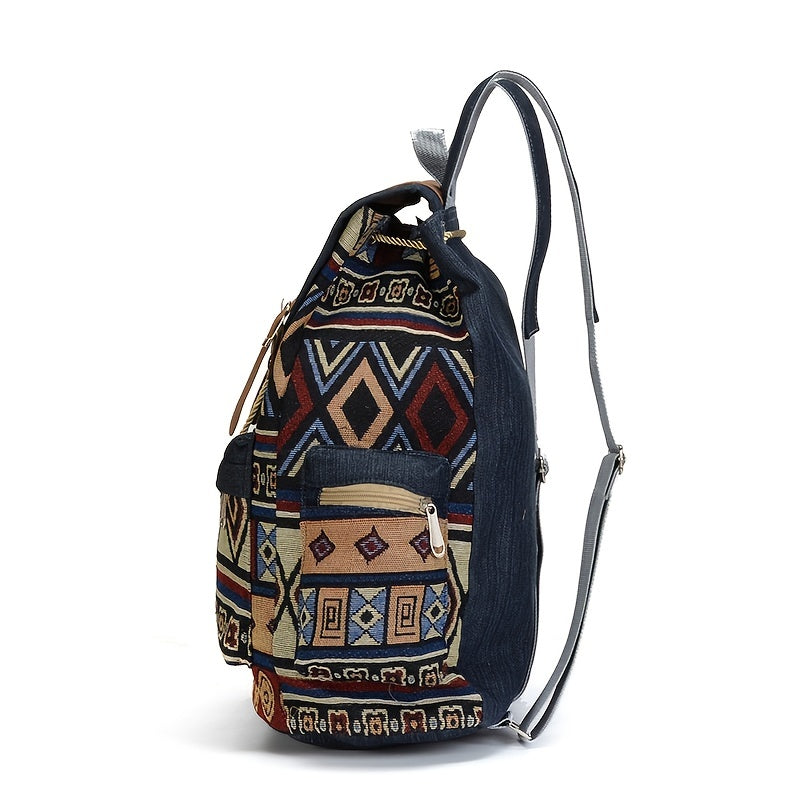 Boho Chic Women's Denim Backpack with Geometric Tribal Pattern, Adjustable Straps, Large Capacity, Multiple Compartments, Zippered Pockets, Blue & Brown Design.