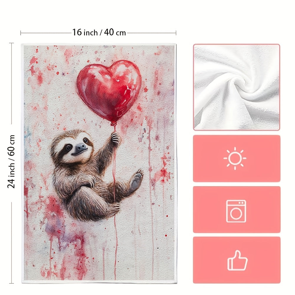 This set includes 2 ultra-soft kitchen towels with a Valentine's Day sloth holding a balloon heart, ideal for holiday decor. The dish and hand towels are highly absorbent, machine washable, and measure 40.64x60.96 cm.