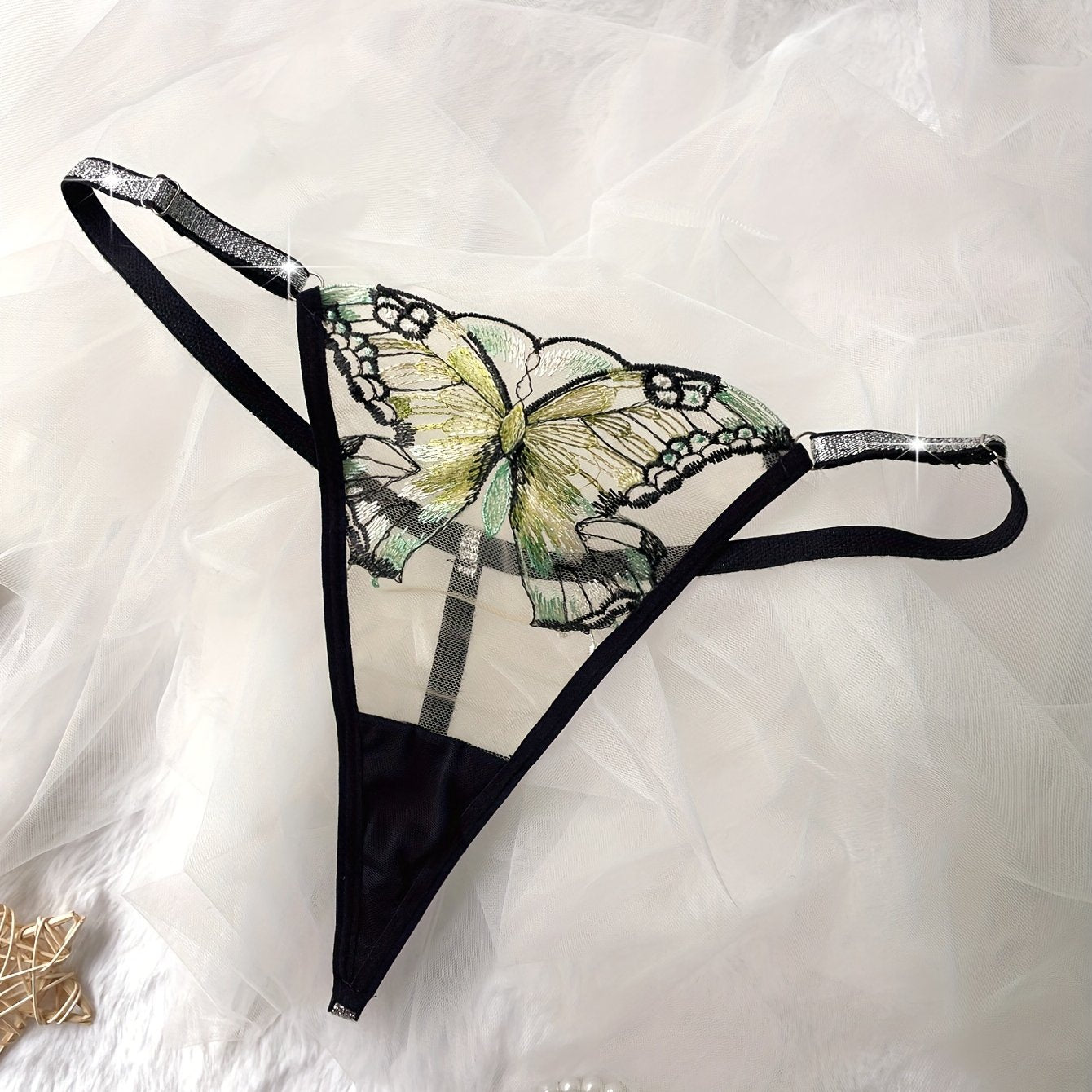 Butterfly print glitter belted mesh thongs, hot semi-sheer intimate panties, sexy women's underpants.