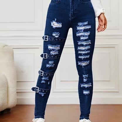 High-waisted stretchy jeans with rip and repair details for women, cotton/polyester blend, machine washable, suitable for all seasons.