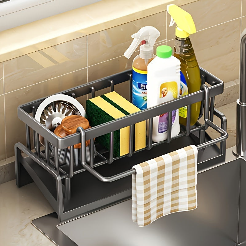 Get your hands on this plastic kitchen sink dish rack that also doubles as a multifunctional towel and sponge storage rack. Measuring at 23.01x11.99 cm, this home kitchen space-saving tidy rack is a must-have storage item for Halloween and Christmas