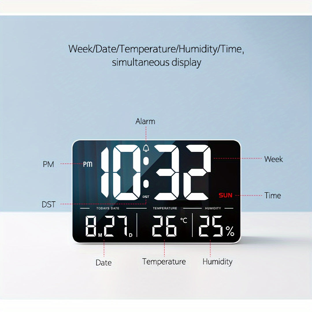 This LED Digital Wall Clock measures 33.27cm and comes with a remote control. It features adjustable brightness, a calendar, temperature display, and a snooze function. The clock can be set to display in 12 or 24-hour format and is ideal for use in the