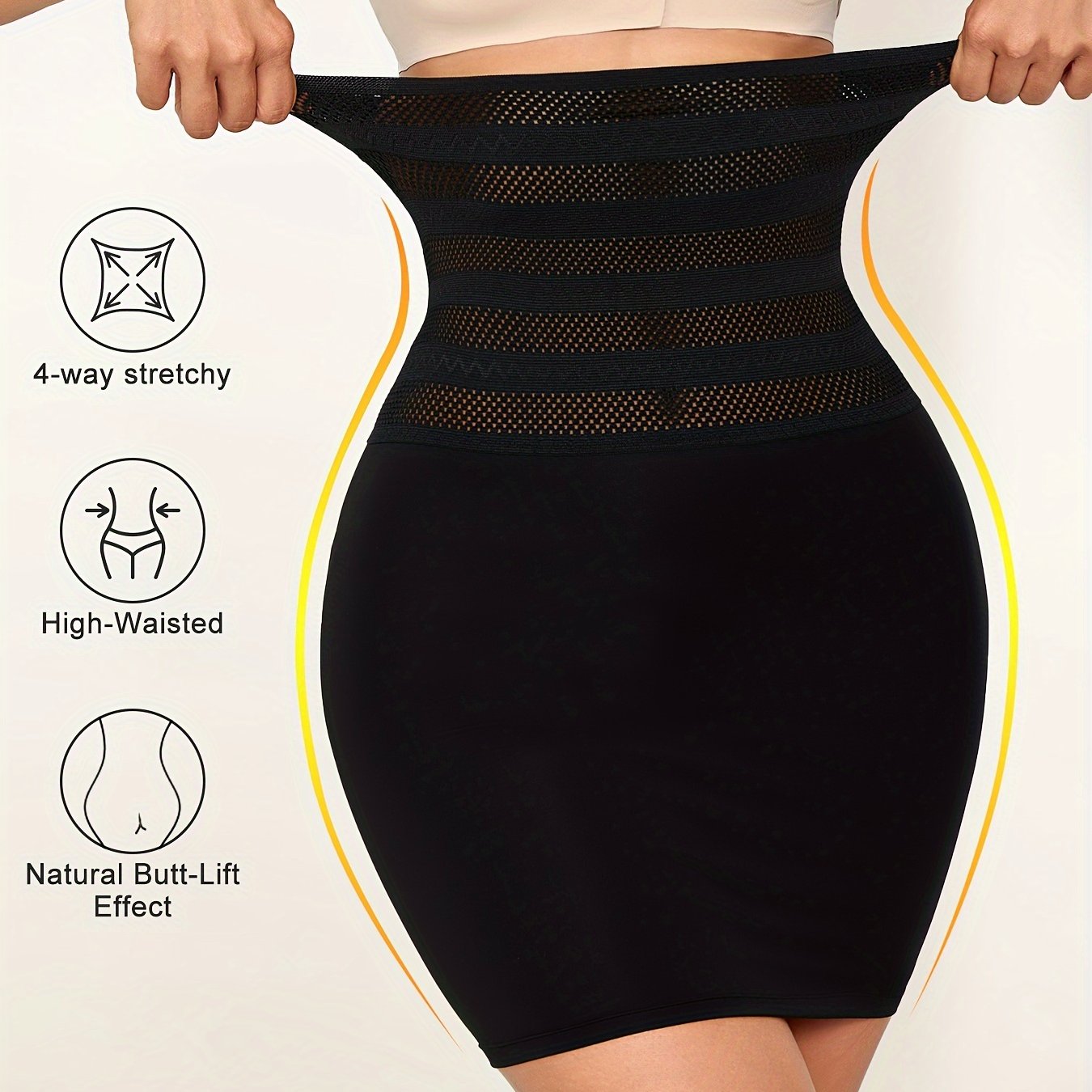 Nadia High-Waist Tummy Control Skirt: Elegant black skirt with mesh overlay, slimming body shaper for women. Features natural butt lift, hand washable and tummy control shapewear.