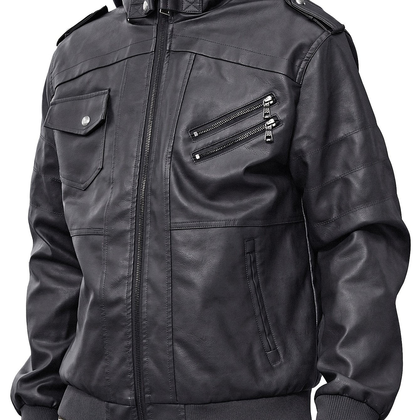 Men's Retro Hooded Biker Jacket - Windproof with Multiple Pockets, Casual Fall/Winter Outerwear, Black, Zip-Up Closure, Polyester Lining, Glossy Finish