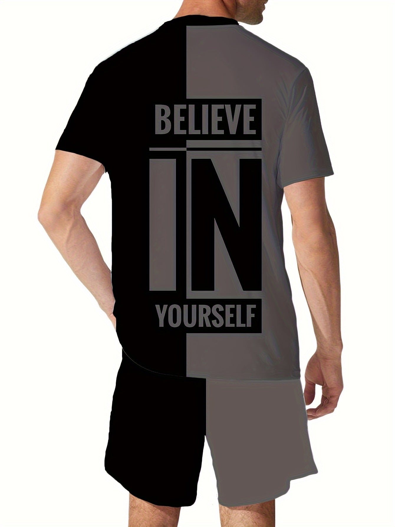 Believe In Yourself" plus size men's summer set with printed t-shirt and shorts.