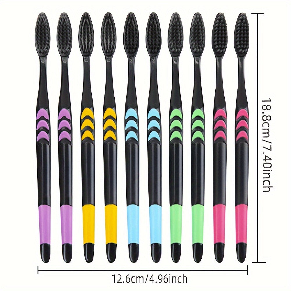 5/10 soft bristle toothbrushes with multicolor grip handles and black nylon bristles for adults, ideal for deep manual oral care.