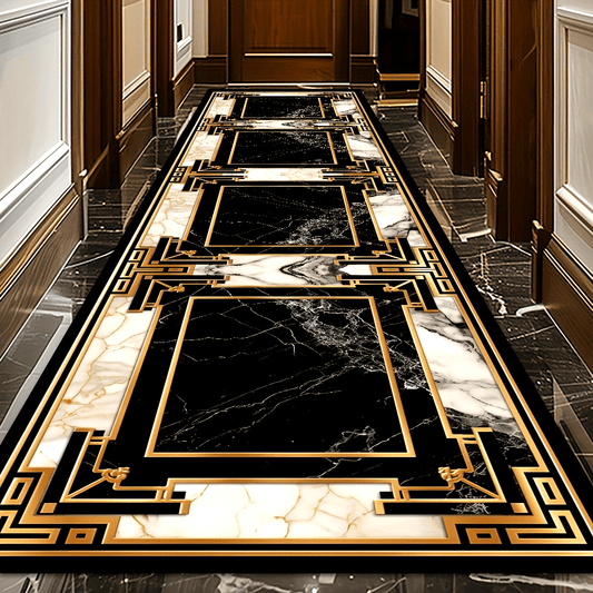 Fashionable runner mat made of non-shedding crystal velvet featuring a marble crack pattern and golden accents. This non-slip, stain-resistant carpet is perfect for use in hotels, banquet halls, coffee shops, or on balconies. Easy to clean with machine