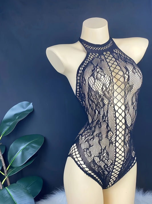 Stylish lace bodysuit for women with a hollow design and body-shaping corset top made from polyamide and knit fabric.