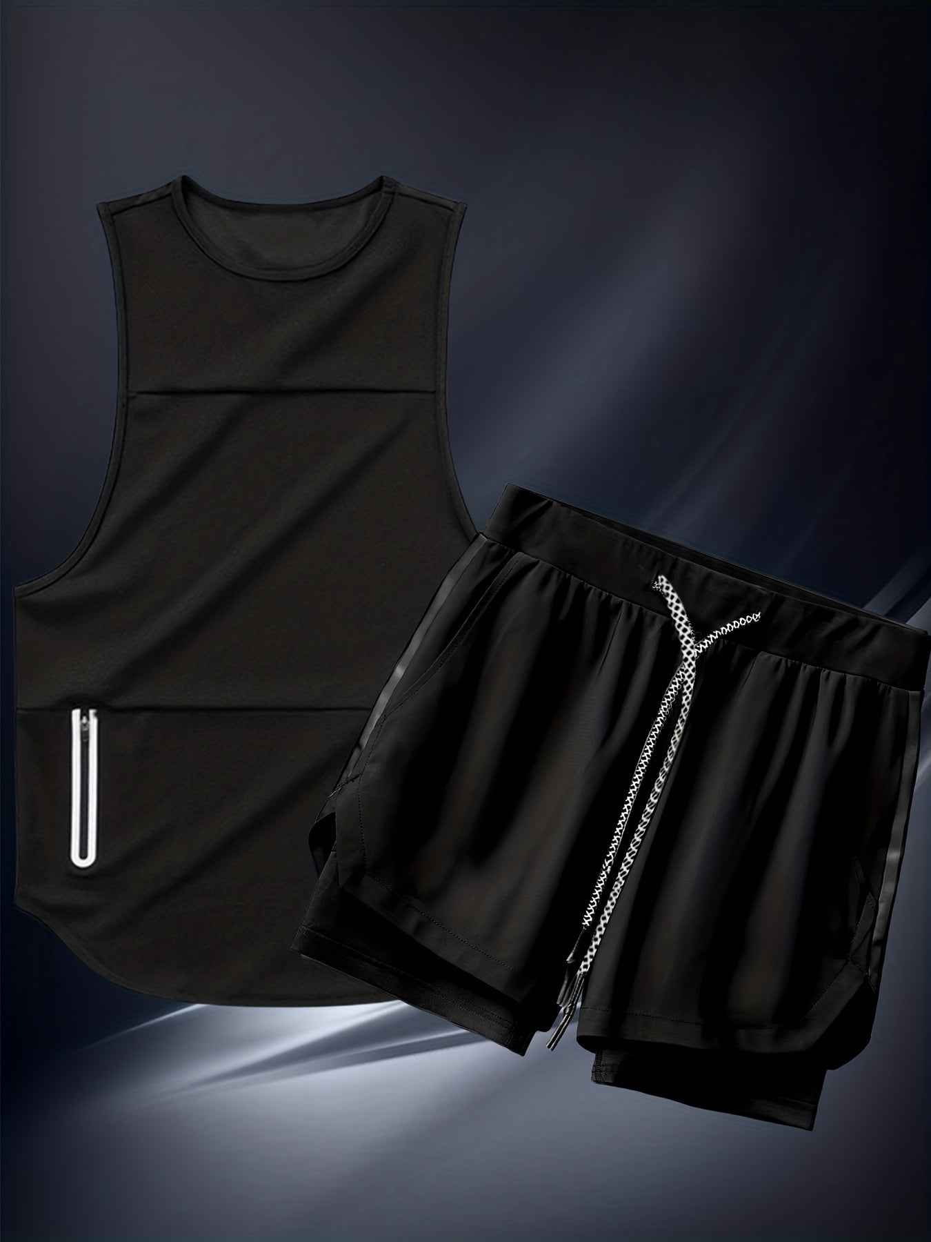 Men's casual sports suit with sleeveless zipper pocket vest and American style training shorts.