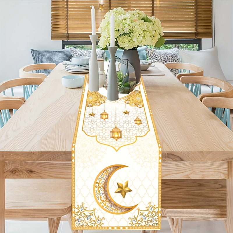 Polyester Ramadan table runner and flag featuring Eid Mubarak designs, perfect for home decorations and gifts during Ramadan and Eid Al-Fitr celebrations. Ideal for Islamic Muslim party