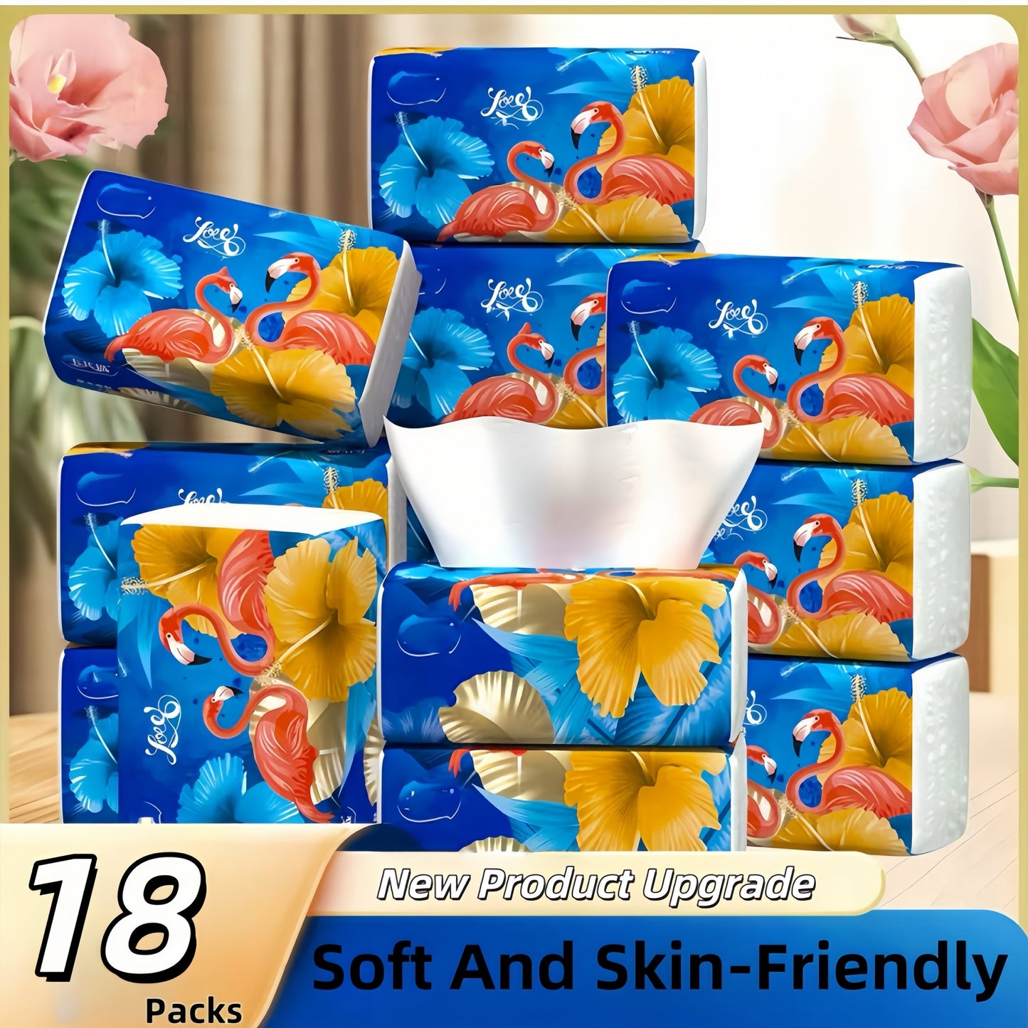 [Top Pick] Get your hands on 18pcs of luxurious flamingo facial tissues. These tissues are incredibly soft and comfortable, with a 4-ply thickness for added durability. Each pack contains 200 sheets made from virgin wood pulp, ensuring they don't easily