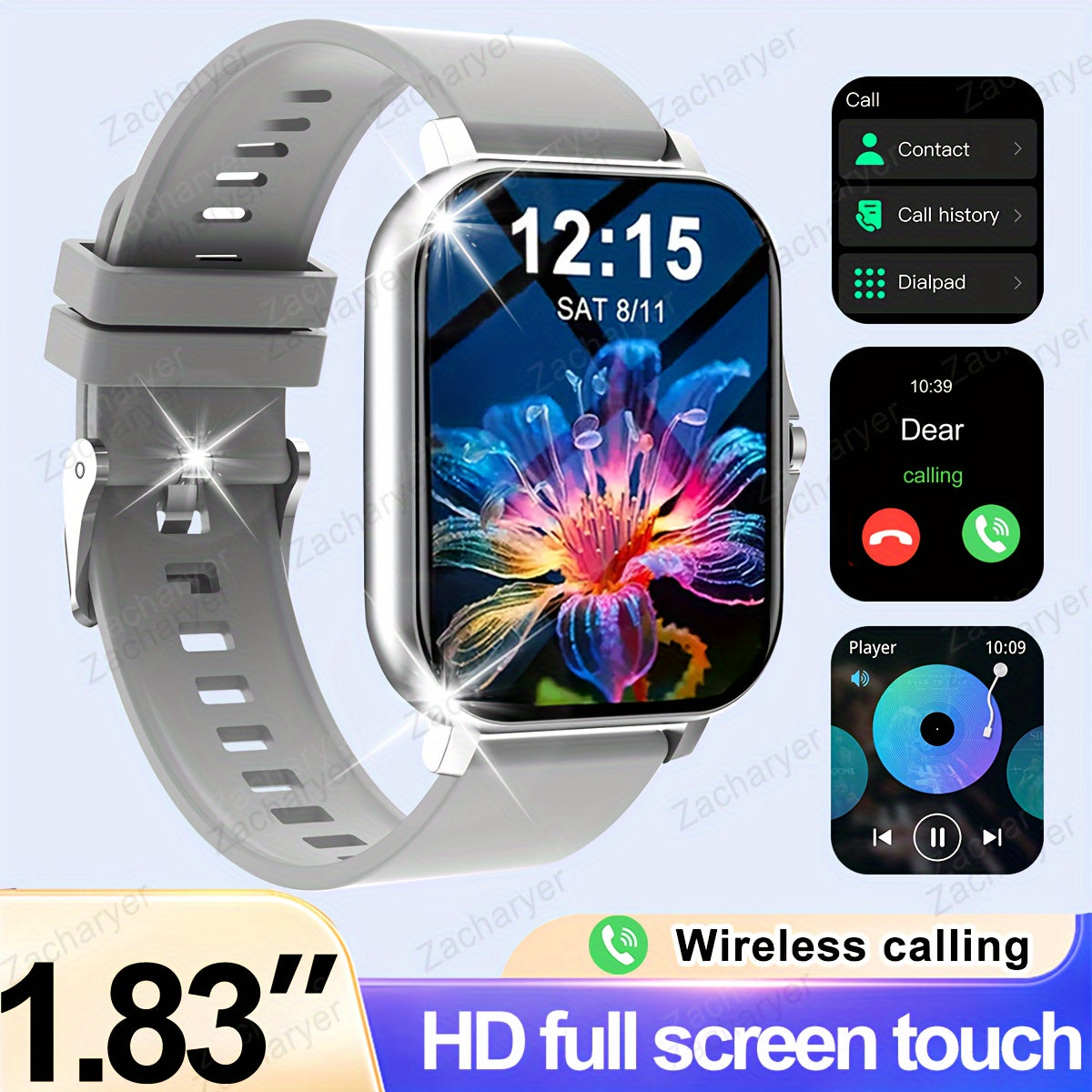 Zacharyer Full-Screen Touch Smartwatch with call alerts, multiple sports modes, Android & iPhone compatibility, lithium battery, modern square design, silicone band, colorful display