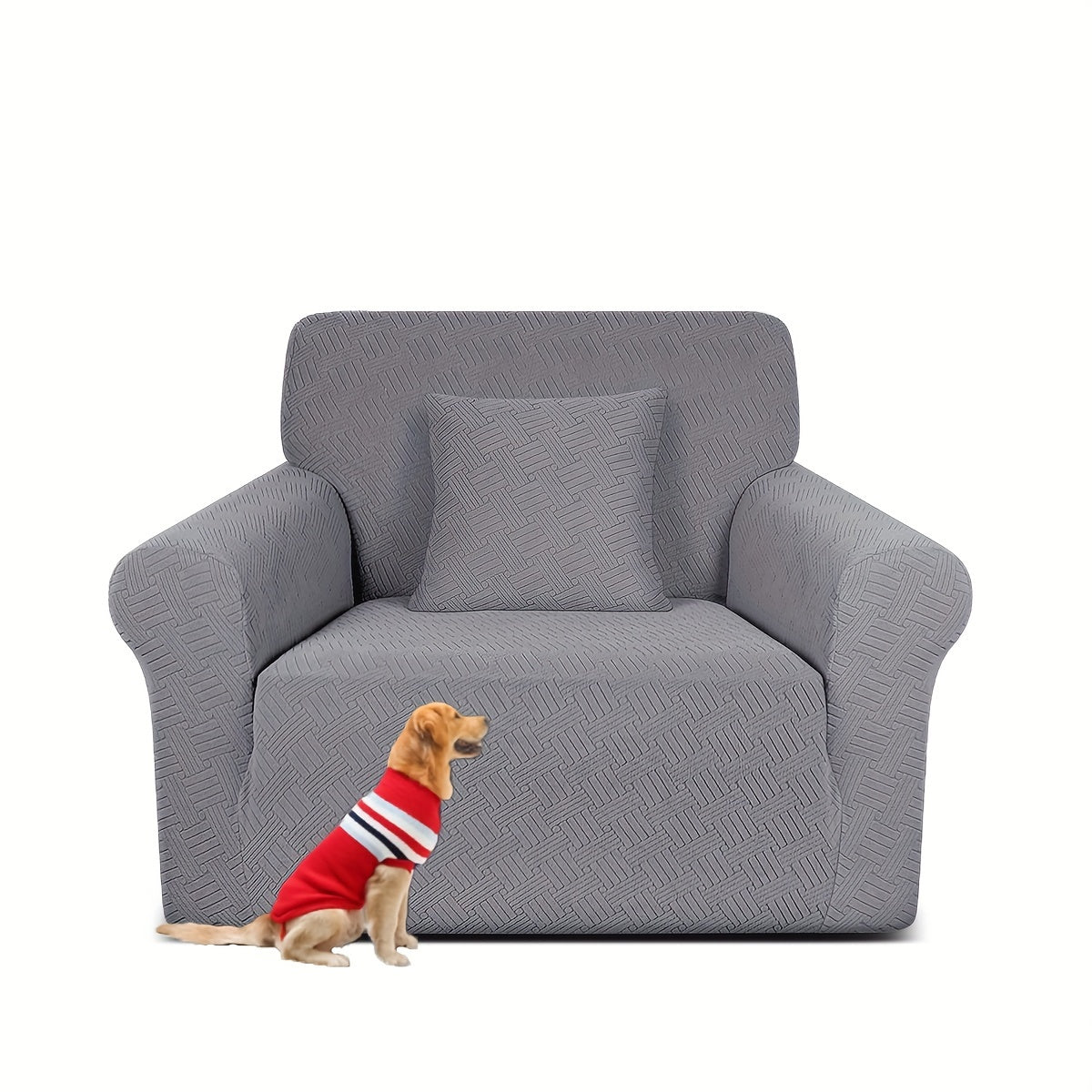 Pet-friendly sofa cover in gray striped jacquard fleece with elastic band, non-slip bottom, and all-season dust protection. Stylish and snug fit for living room furniture.