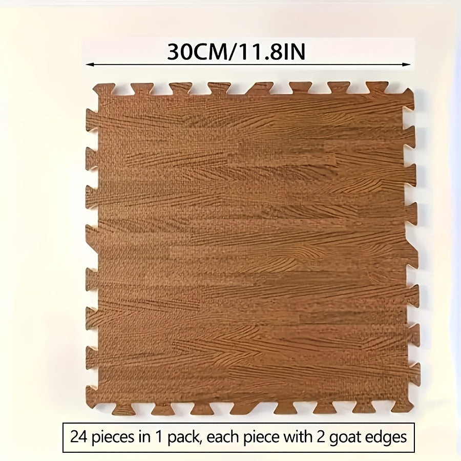 24 wood grain interlocking floor tiles, EVA & PE foam, 30x30 cm, DIY puzzle carpet for indoor use, hand washable.