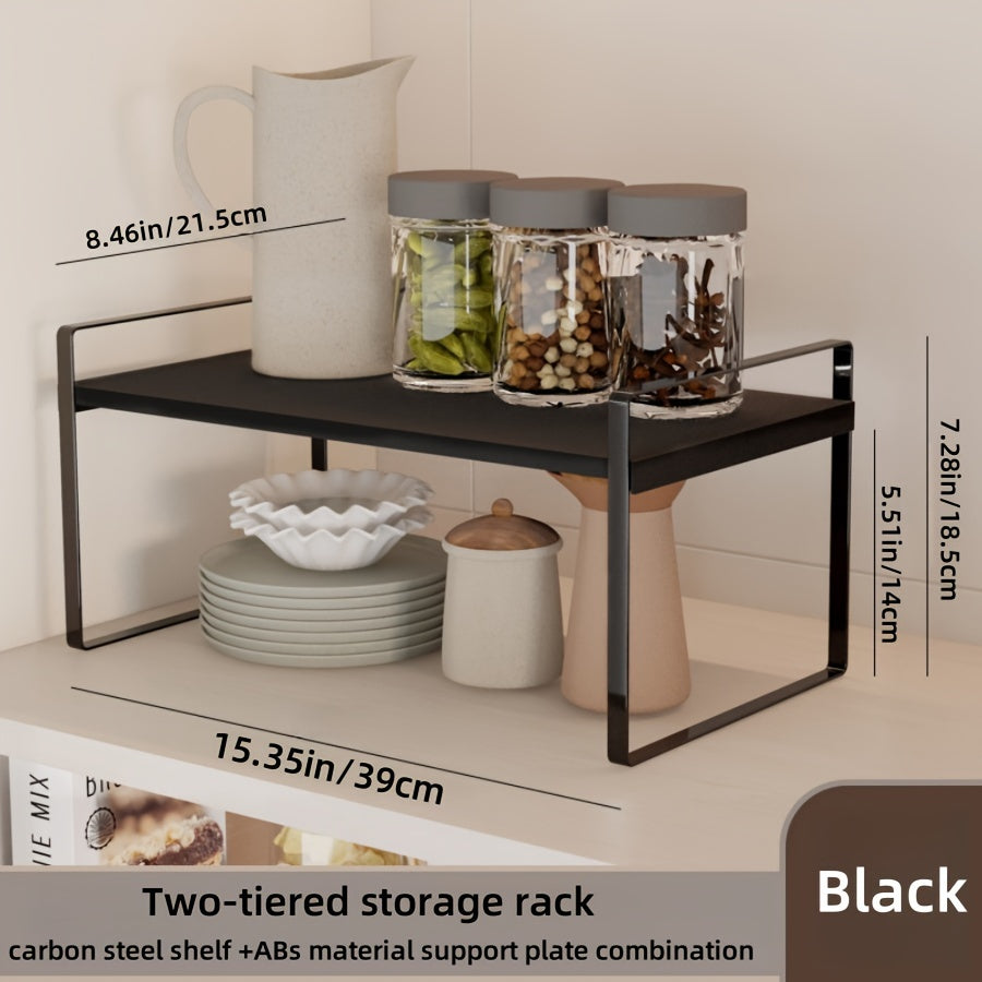 Multifunctional Double-Layer Kitchen Cabinet Rack made of Carbon Steel and ABS Material, Ideal for Seasoning, Soup Pots, Bowls, Countertop Storage.