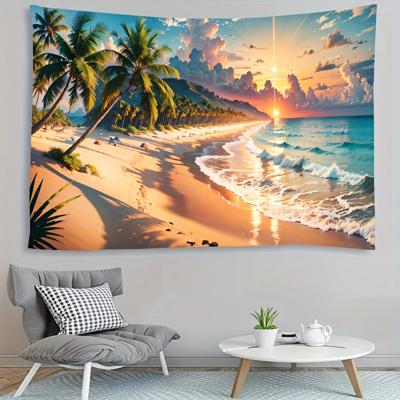 Tropical Beach Paradise Tapestry featuring Palm Trees and Sunset Beach, Stunning Artwork for Home Decor