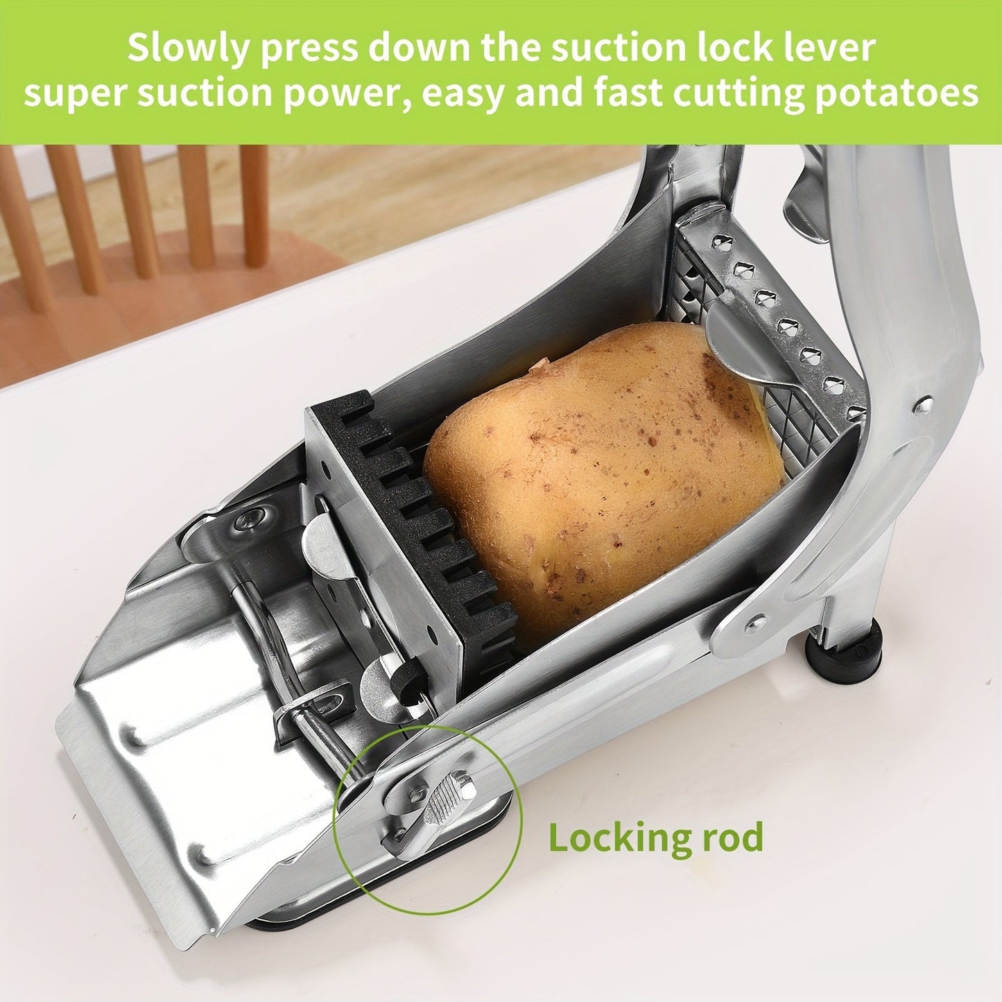 Home kitchen gadget for easy potato slicing, featuring a durable stainless steel French fry cutter with 2 interchangeable blades. Ideal for home use, this silver metal slicer is perfect for creating perfect fries every time.