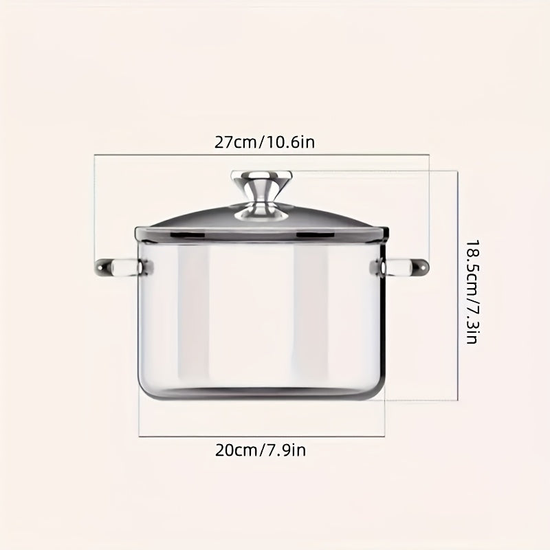 Large high-quality borosilicate glass pot with a capacity above average - suitable for use on gas stoves and electric ceramic cooktops. Features a transparent design with dual handles for convenient carrying.