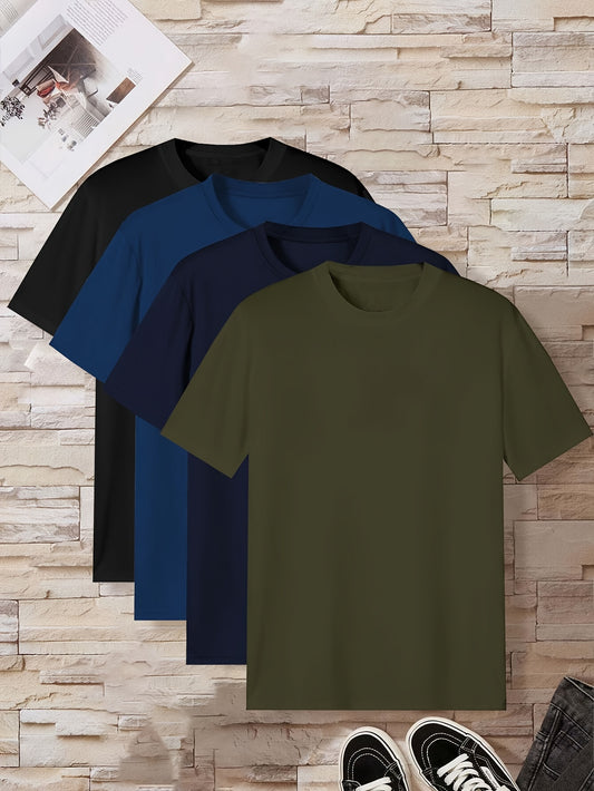 4 men's short sleeve t-shirts in solid colors - casual polyester loungewear, crew neck, machine washable, perfect for summer lounging.