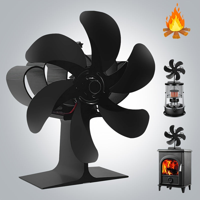 One piece 6-blade stove fan designed to efficiently distribute heat for wood, log, and pellet stoves and fireplaces. This portable thermoelectric fan serves as an air circulator and heat-powered exhaust fan.