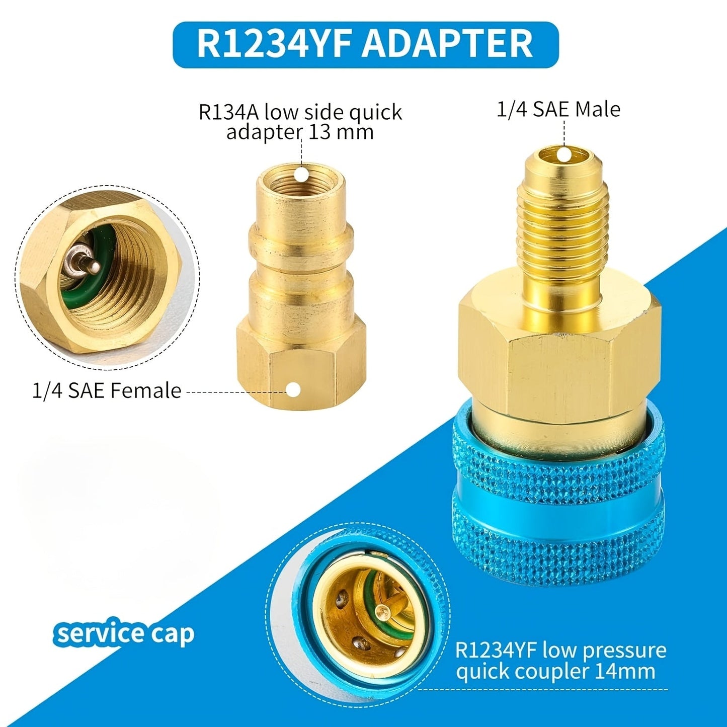 Pair of R134YF Quick Connect Adapters for R1234YF to R134A High/Low Side Fittings, AC Charging Hose Adapter for Car Air Conditioning, No Power Required