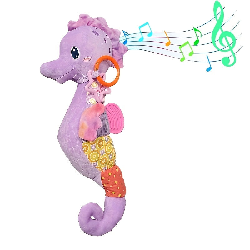 1 piece of WELLFAR Soft Plush Seahorse Toy featuring a Hidden Head Music Box, Hanging Ring, Squeakers, and Crinkle Sound Paper - Made from Polyester Fiber, this Interactive Baby Toy is Perfect for Newborns and makes an Ideal Gift for Birthdays