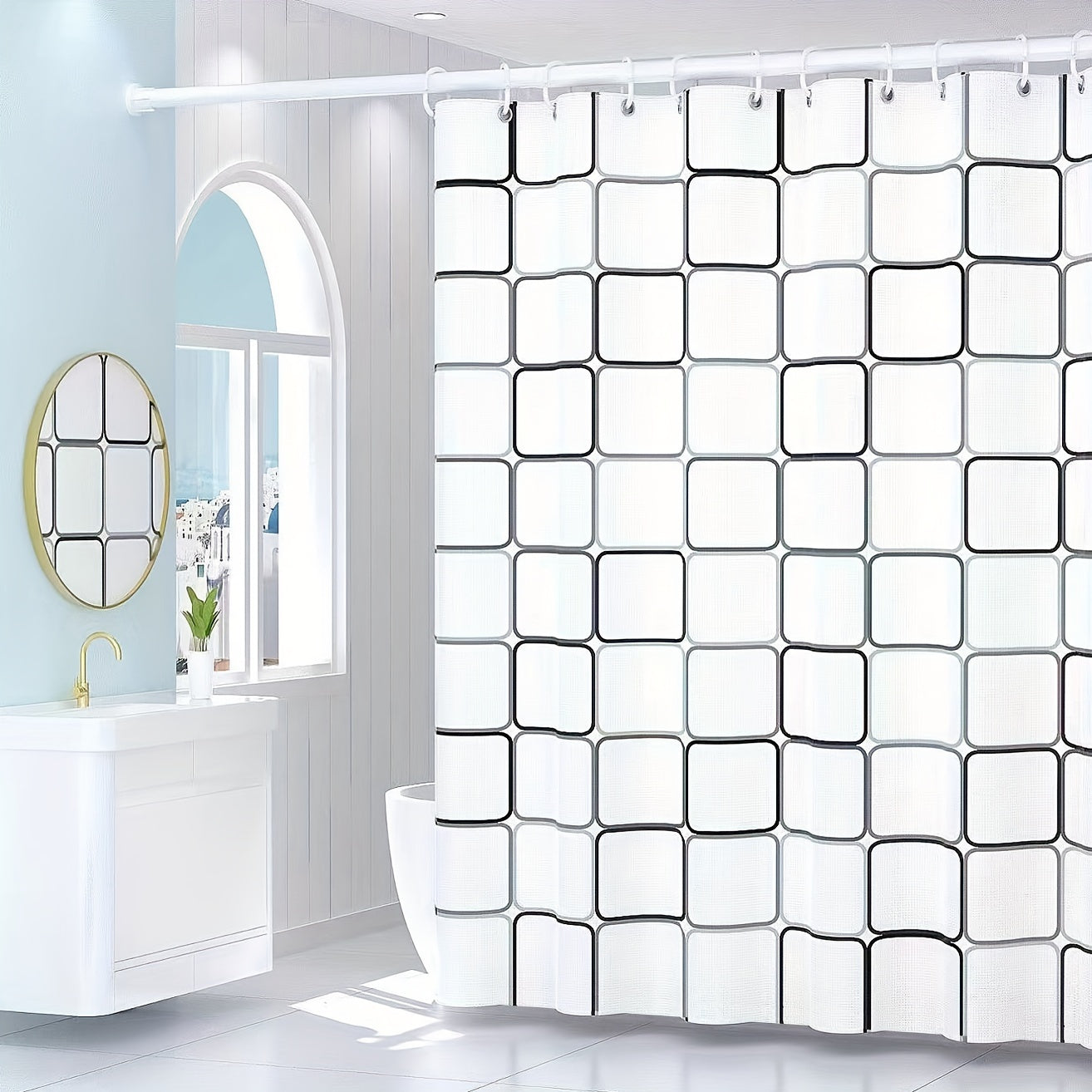 EVA Polyethylene Checkered Bath Drape with Durable Metallic Grommets and Plastic Hooks, Water-Resistant and Lightweight for All-Season Space-Themed Shower Partition