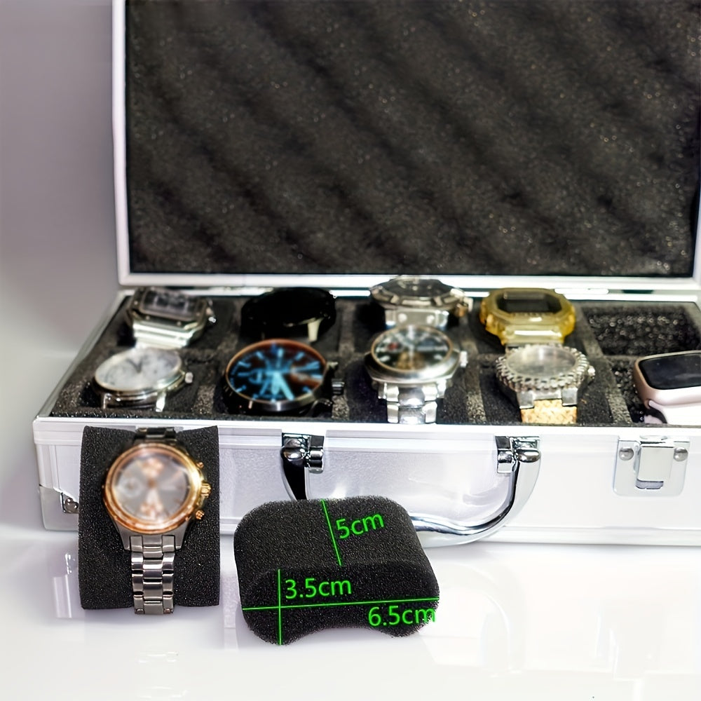 One piece of an aluminum alloy watch storage box with 18 slots, designed for men watch collectors. This portable clock display box can also be used as a gift box.