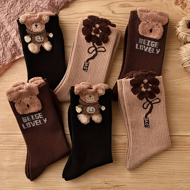 3 pairs of cartoon bear print mid tube socks for women, comfy and cute.