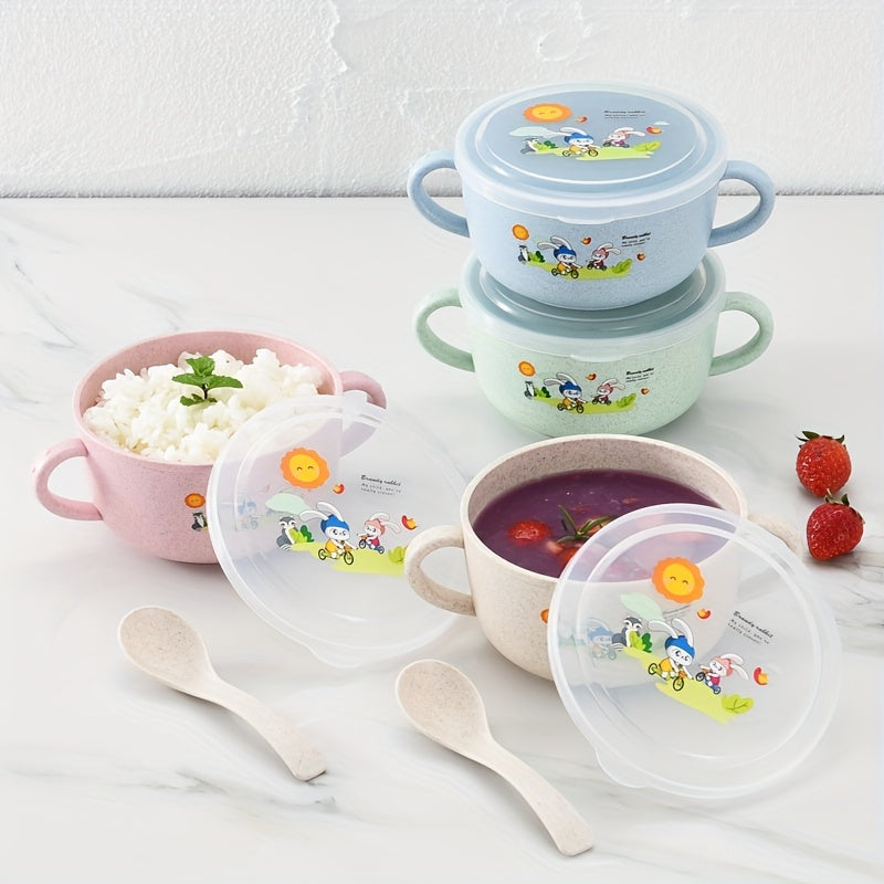 Cartoon-themed bowl with cutlery, insulated to prevent spills, featuring double handles and a lid. This versatile eating bowl is microwavable and perfect for serving fruits or snacks.