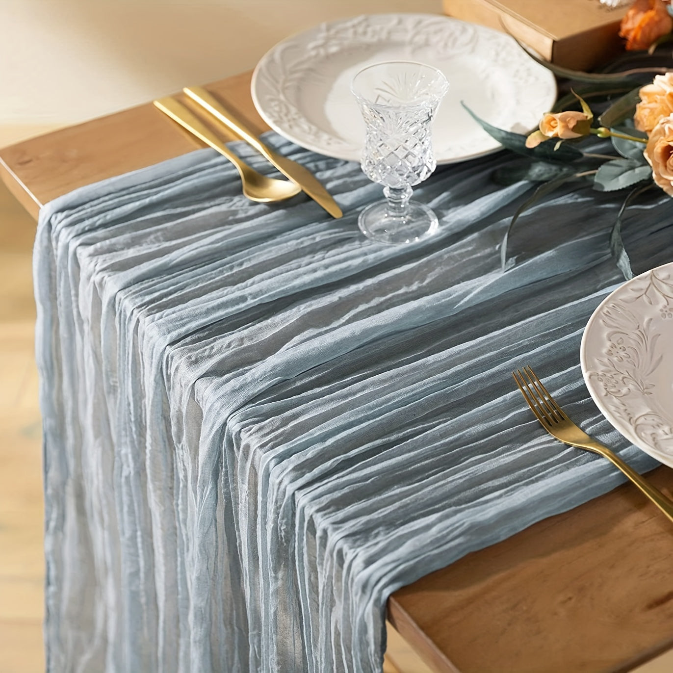 Polyester crinkle table runner for rustic wedding decor.