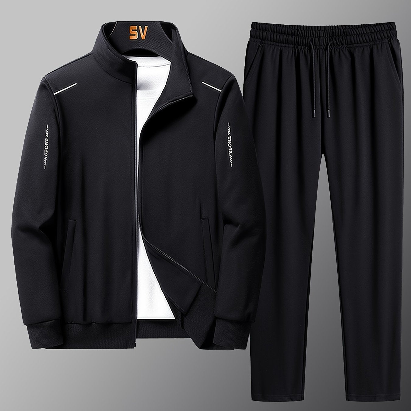 Men's 2-piece outfit set with solid long sleeve zip-up jacket and drawstring pants for spring and summer outdoor activities.