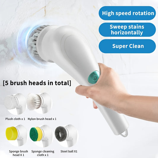 Multifunctional electric rotating scrubber with five interchangeable brush heads for cleaning various surfaces.