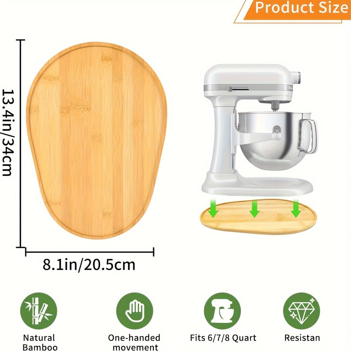 The Bamboo Mixer Moving Pad is designed to fit 5-8 Quart Stand Mixers, made from natural bamboo with no paint or smell. It is durable, resists mold and cracking, and easy to use. This countertop mixer storage and mobility accessory is a great addition to