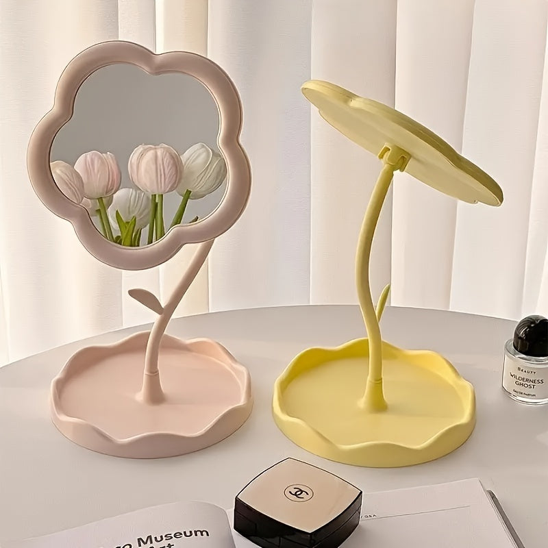 Boxed trumpet cosmetic mirror with flower design, high-definition glass, adjustable bracket, ideal for dressing tables. Perfect for beauty enthusiasts, room décor, and dressing table installation. Plastic frame.